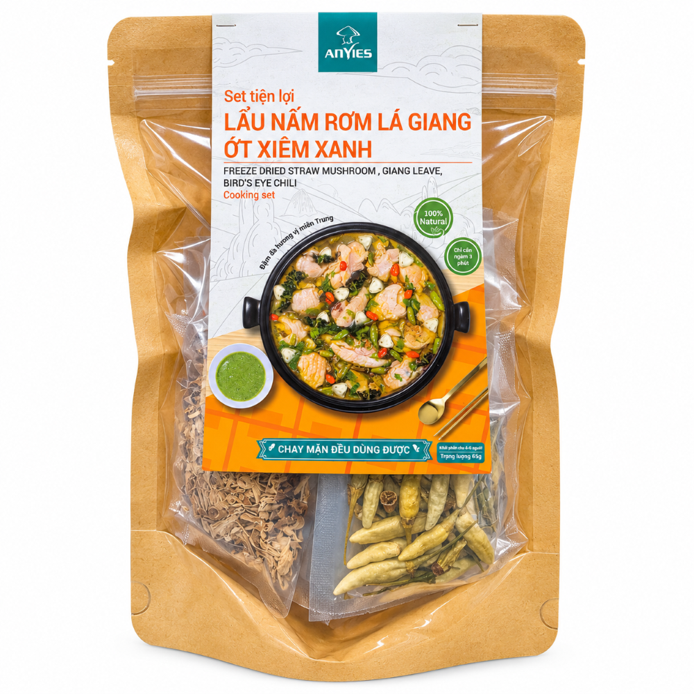 Set Nấu Lẩu Nấm Rơm Lá Giang Ớt Xiêm Xanh | Freeze Dried Straw Mushroom, Giang Leave and Bird's Eye Chili Cooking Set