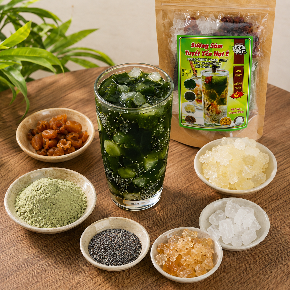 Sương Sâm Tuyết Yến Hạt É | Dried Green Grass Jelly, Gum Tragacanth and Basil Seed