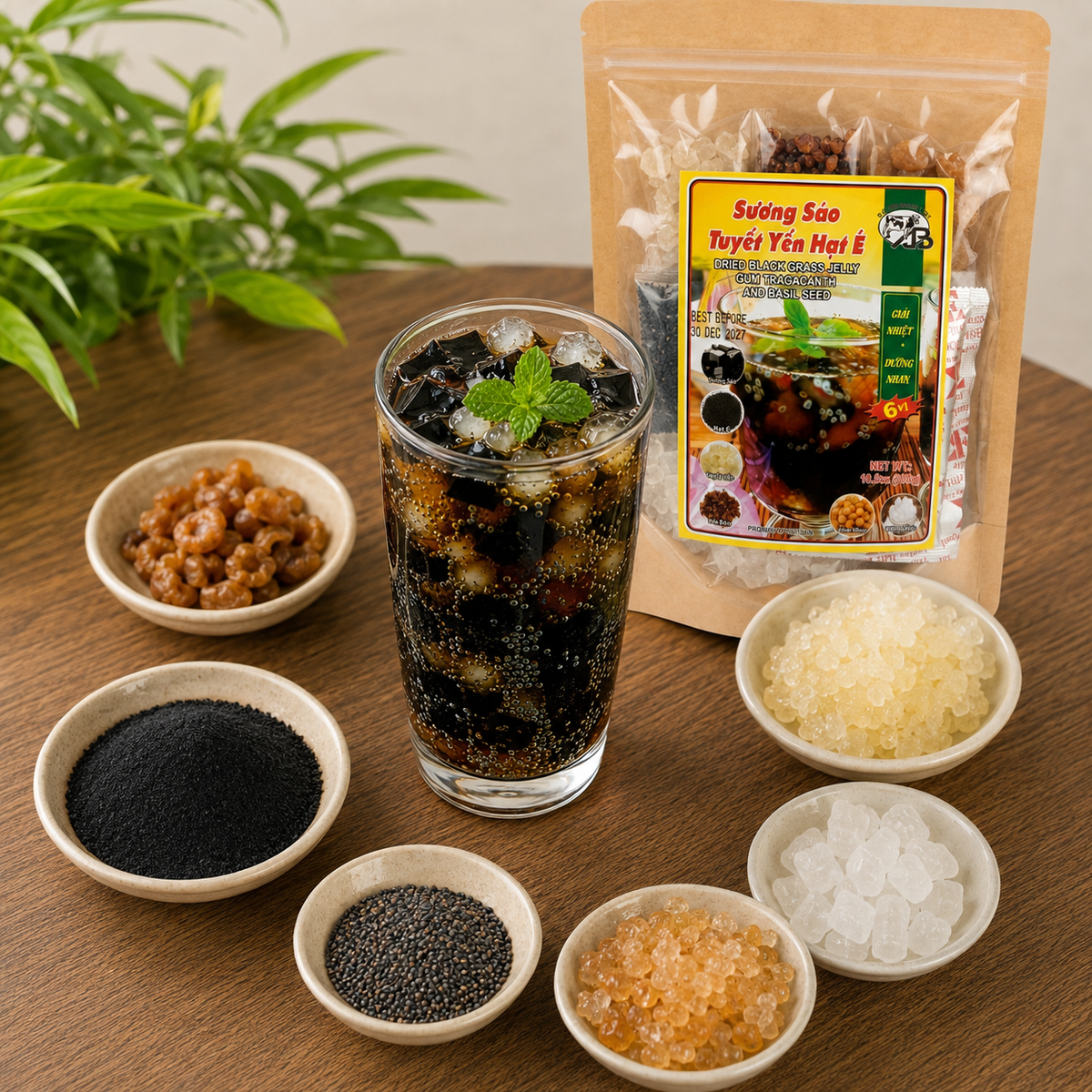 Sương Sáo Tuyết Yến Hạt É | Dried Black Grass Jelly, Gum Tragacanth and Basil Seed