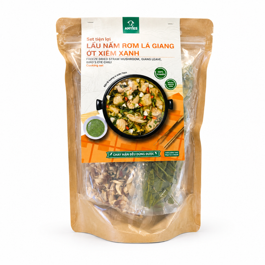 Set Nấu Lẩu Nấm Rơm Lá Giang Ớt Xiêm Xanh | Freeze Dried Straw Mushroom, Giang Leave and Bird's Eye Chili Cooking Set